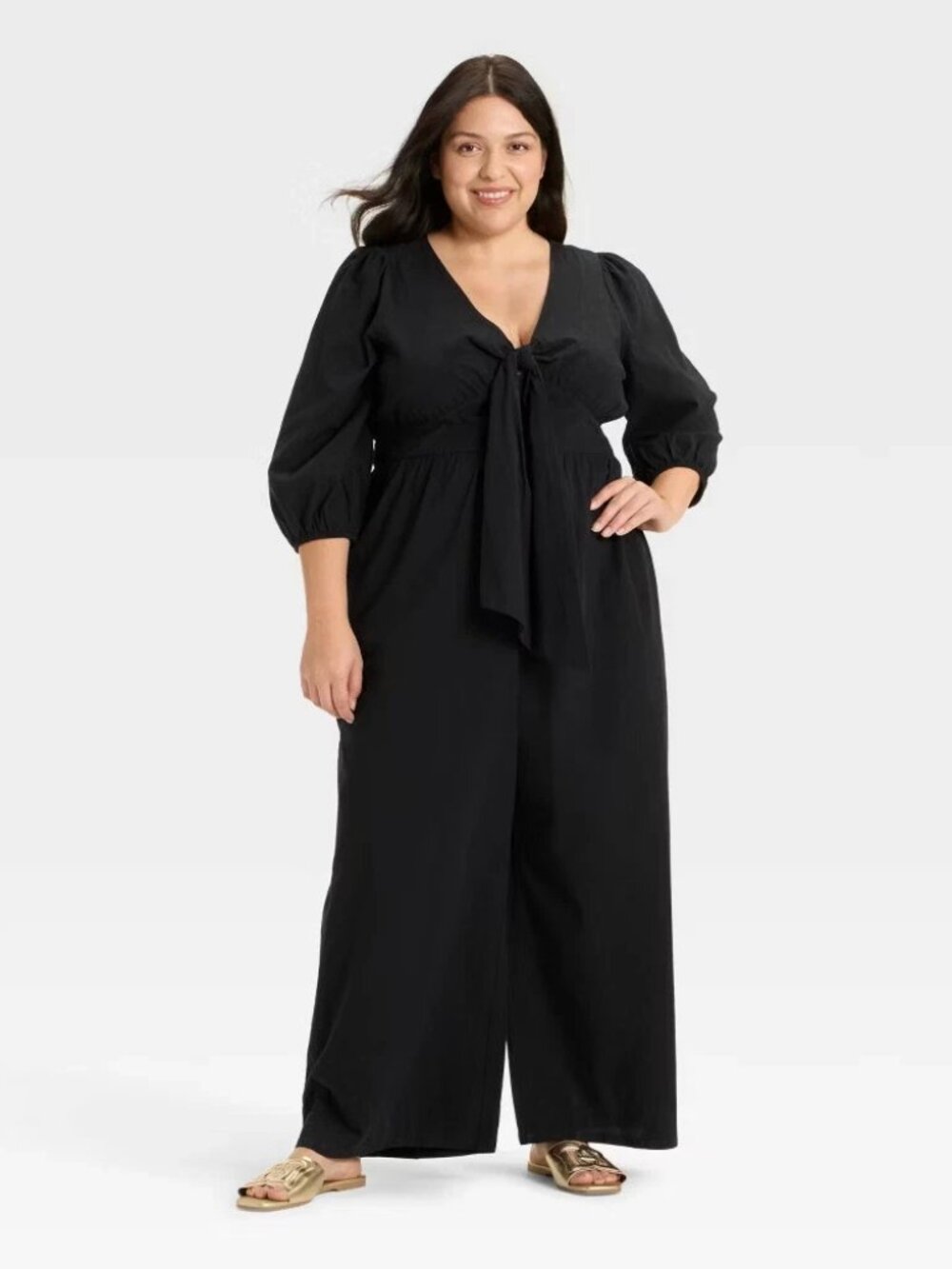 Ava & Viv Flutter Elbow Length Sleeve Tie Front Cotton Black Jumpsuit - Size XXL